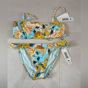 The Bikini Lab Womens Swimsuit Bikini Bottom Small Nylon Floral Blue & Yellow